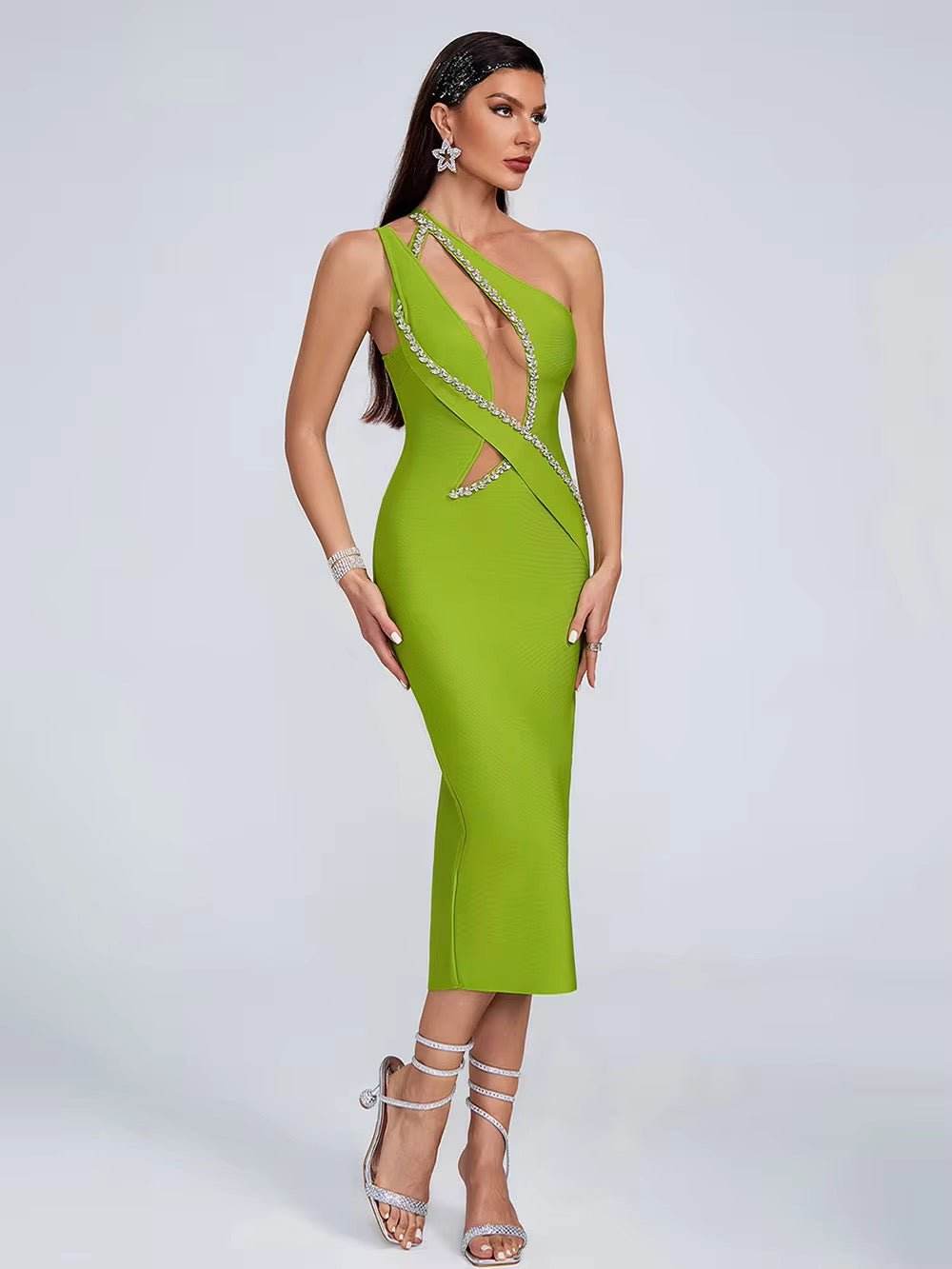 Diamond One Shoulder Diamond Midi Bandage dress - REBECATHELABEL