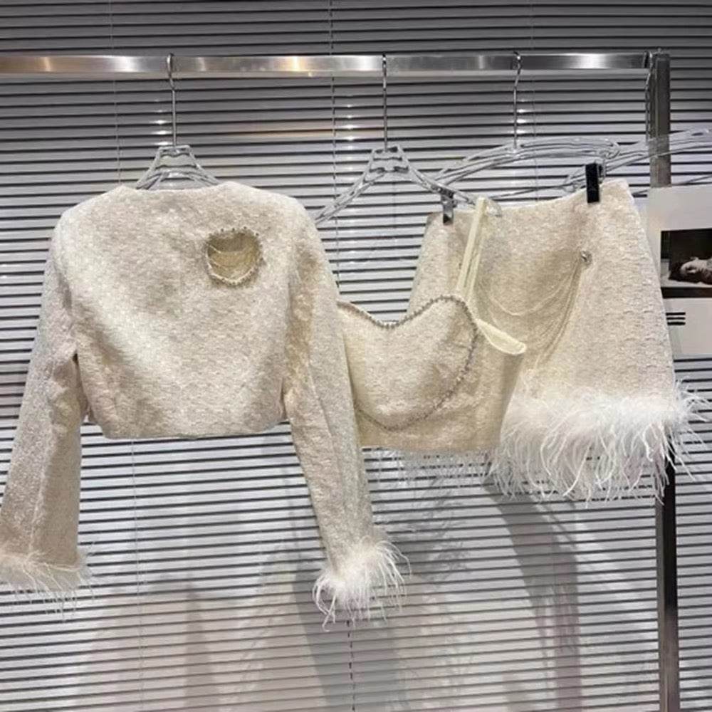 Diamond Short Long Sleeve Jacket Feather Mini Skirt Tank Top 3 - REBECATHELABEL