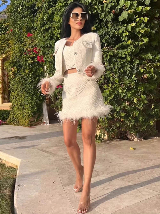 Diamond Short Long Sleeve Jacket Feather Mini Skirt Tank Top 3 - REBECATHELABEL