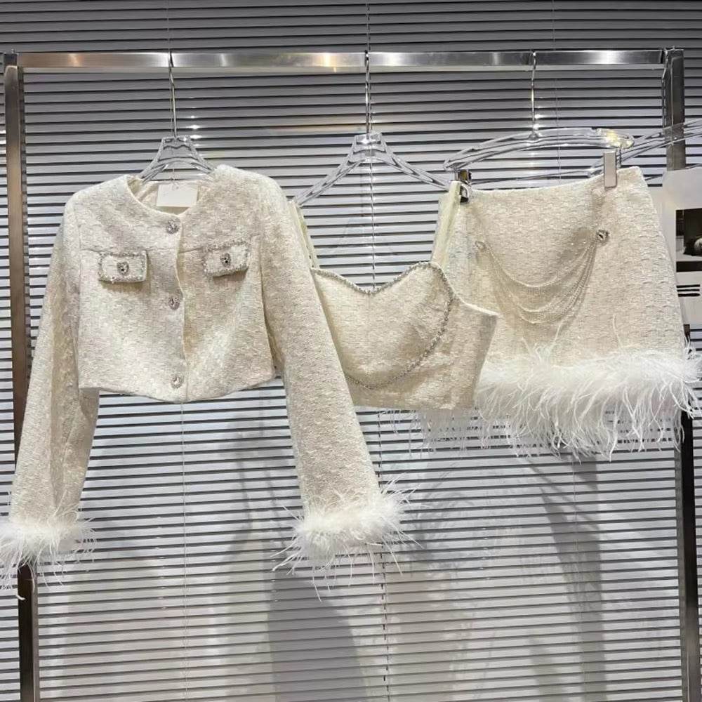 Diamond Short Long Sleeve Jacket Feather Mini Skirt Tank Top 3 - REBECATHELABEL