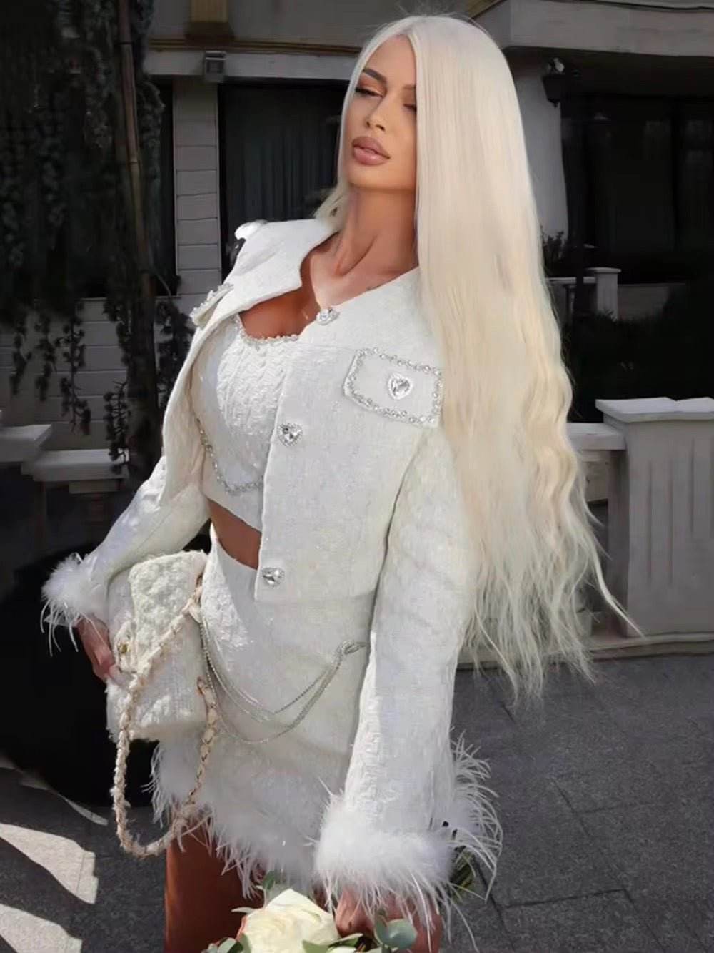 Diamond Short Long Sleeve Jacket Feather Mini Skirt Tank Top 3 - REBECATHELABEL