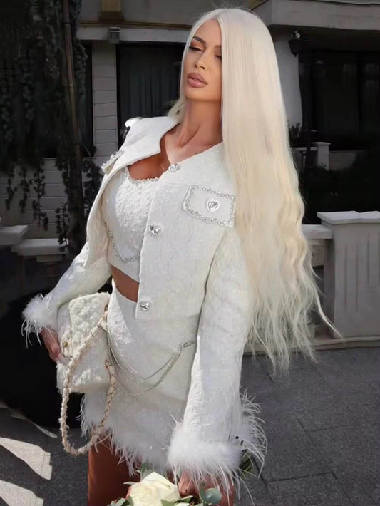 Diamond Short Long Sleeve Jacket Feather Mini Skirt Tank Top 3 - REBECATHELABEL