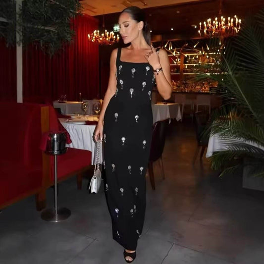 Diamond Spaghetti Strap Backless Maxi Bandage Dress - REBECATHELABEL