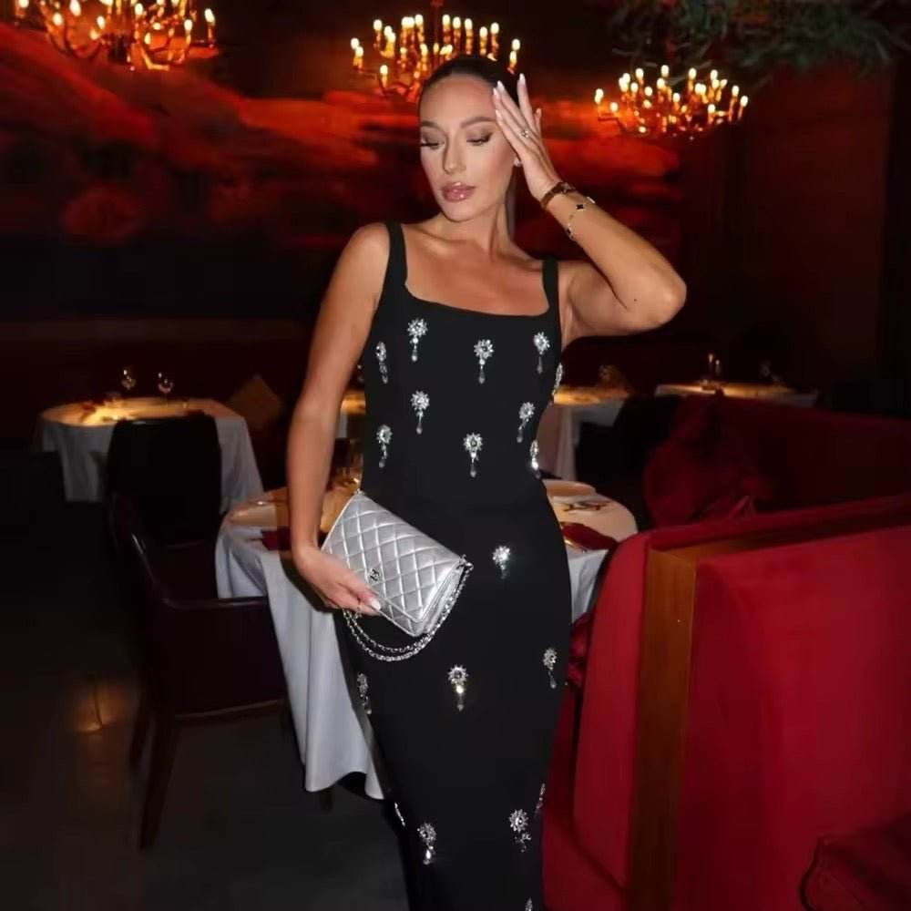 Diamond Spaghetti Strap Backless Maxi Bandage Dress - REBECATHELABEL