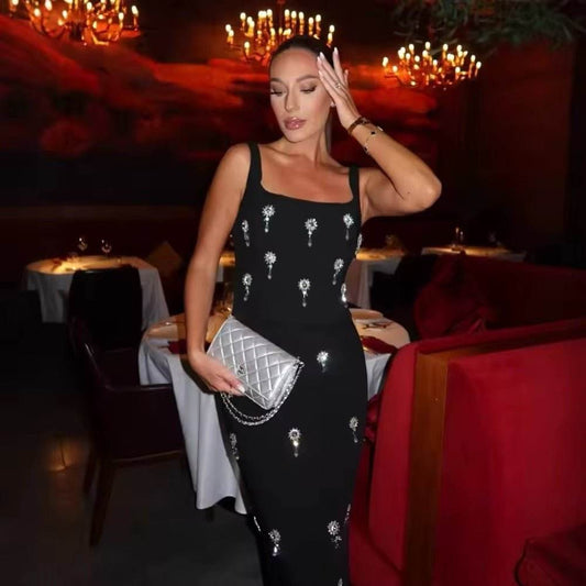 Diamond Spaghetti Strap Backless Maxi Bandage Dress - REBECATHELABEL