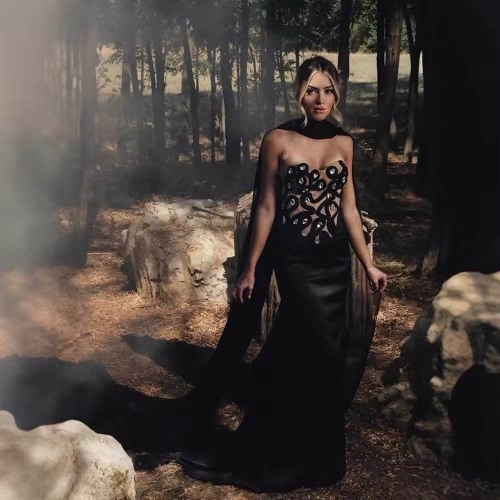 Diamond Strapless Dress With Ribbons Sleeveless Off Shoulder - REBECATHELABEL