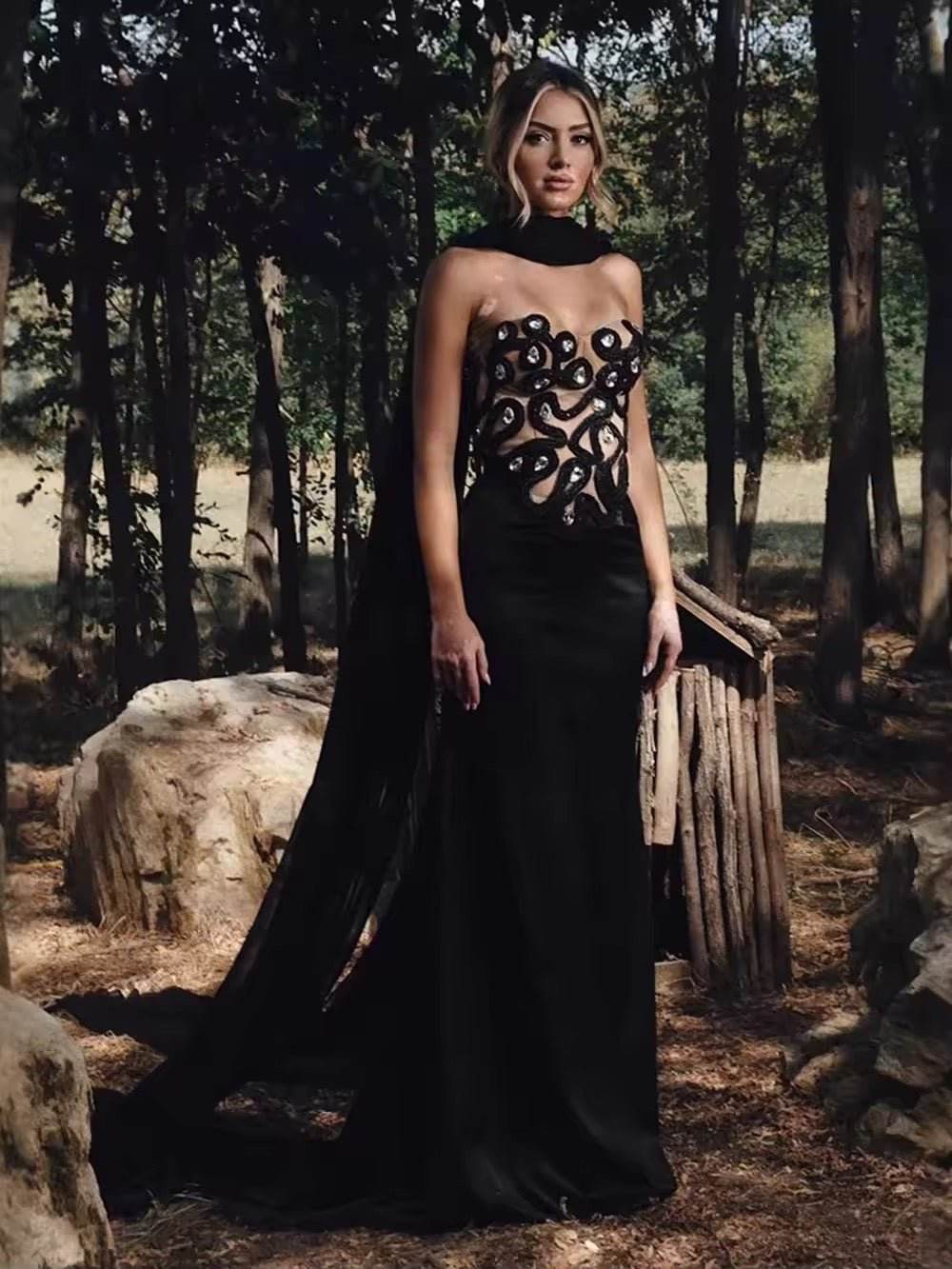 Diamond Strapless Dress With Ribbons Sleeveless Off Shoulder - REBECATHELABEL