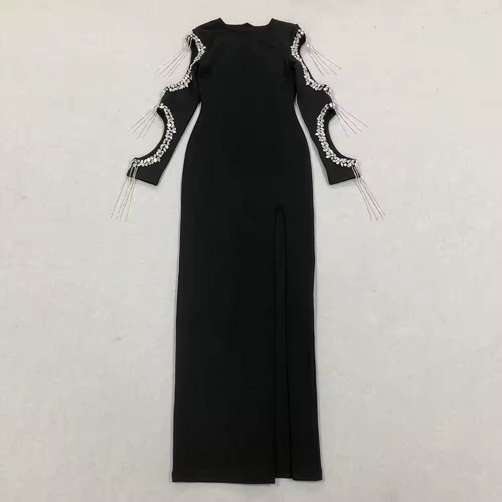 Diamond Tassel Bodycon Bandage Maxi Dress - REBECATHELABEL