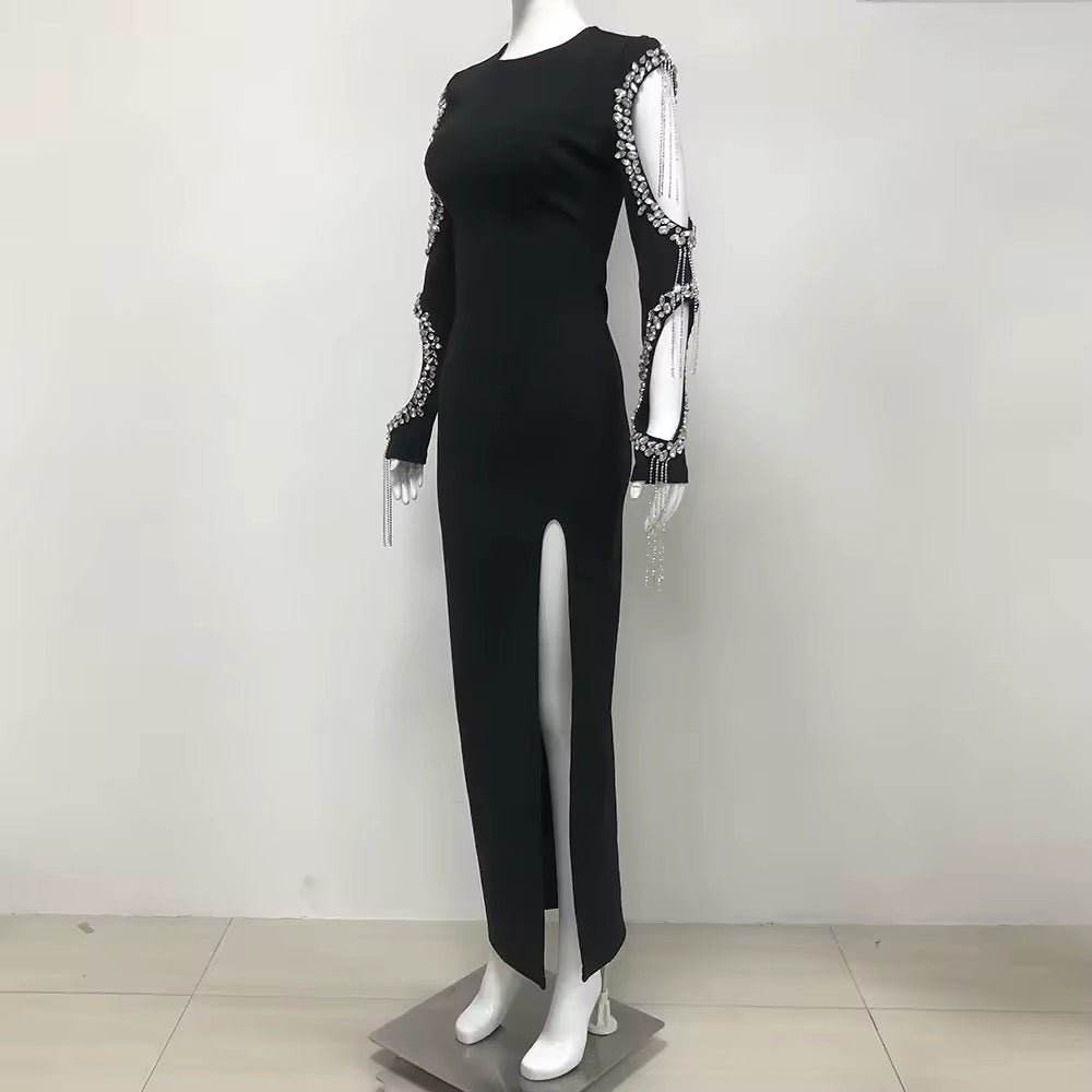 Diamond Tassel Bodycon Bandage Maxi Dress - REBECATHELABEL