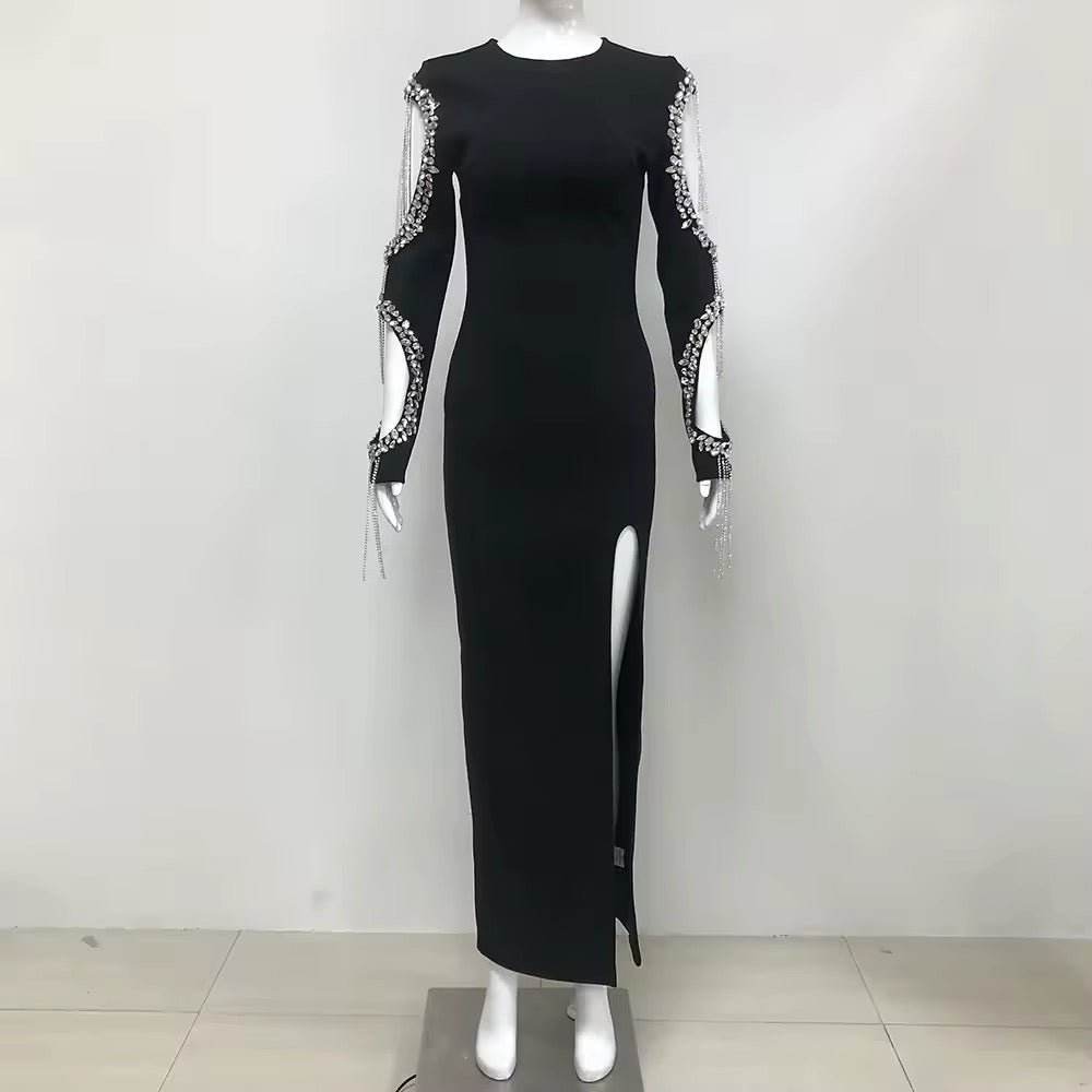 Diamond Tassel Bodycon Bandage Maxi Dress - REBECATHELABEL