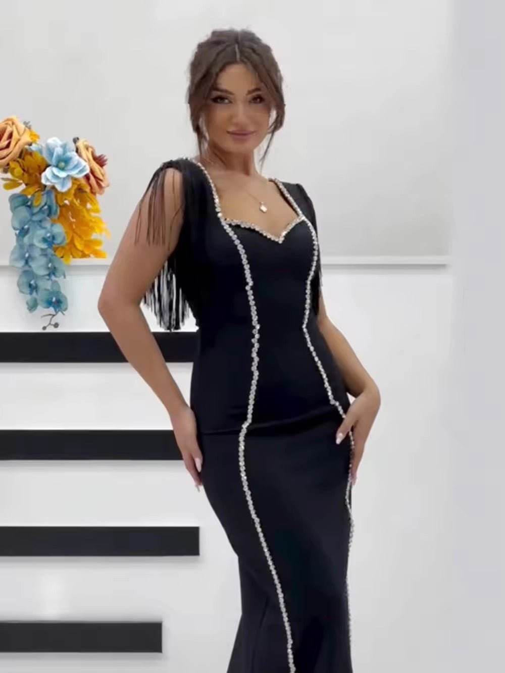 Diamond Tassels Bodycon Backless Design Sleeveless Sexy Maxi Bandage Dress - REBECATHELABEL