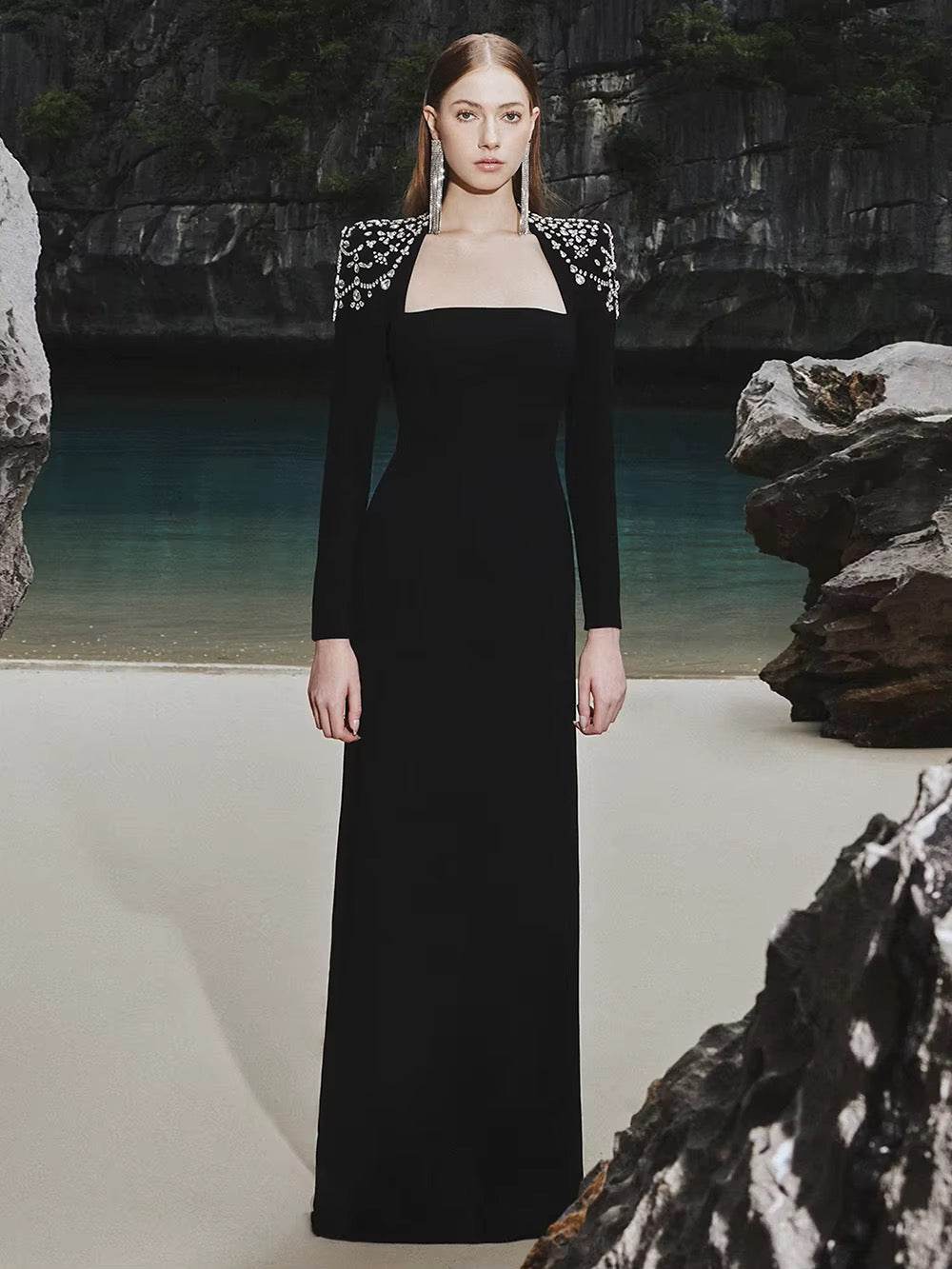 Diamond Tight Long Sleeve Triangle Neck Long Bandage Dress - REBECATHELABEL