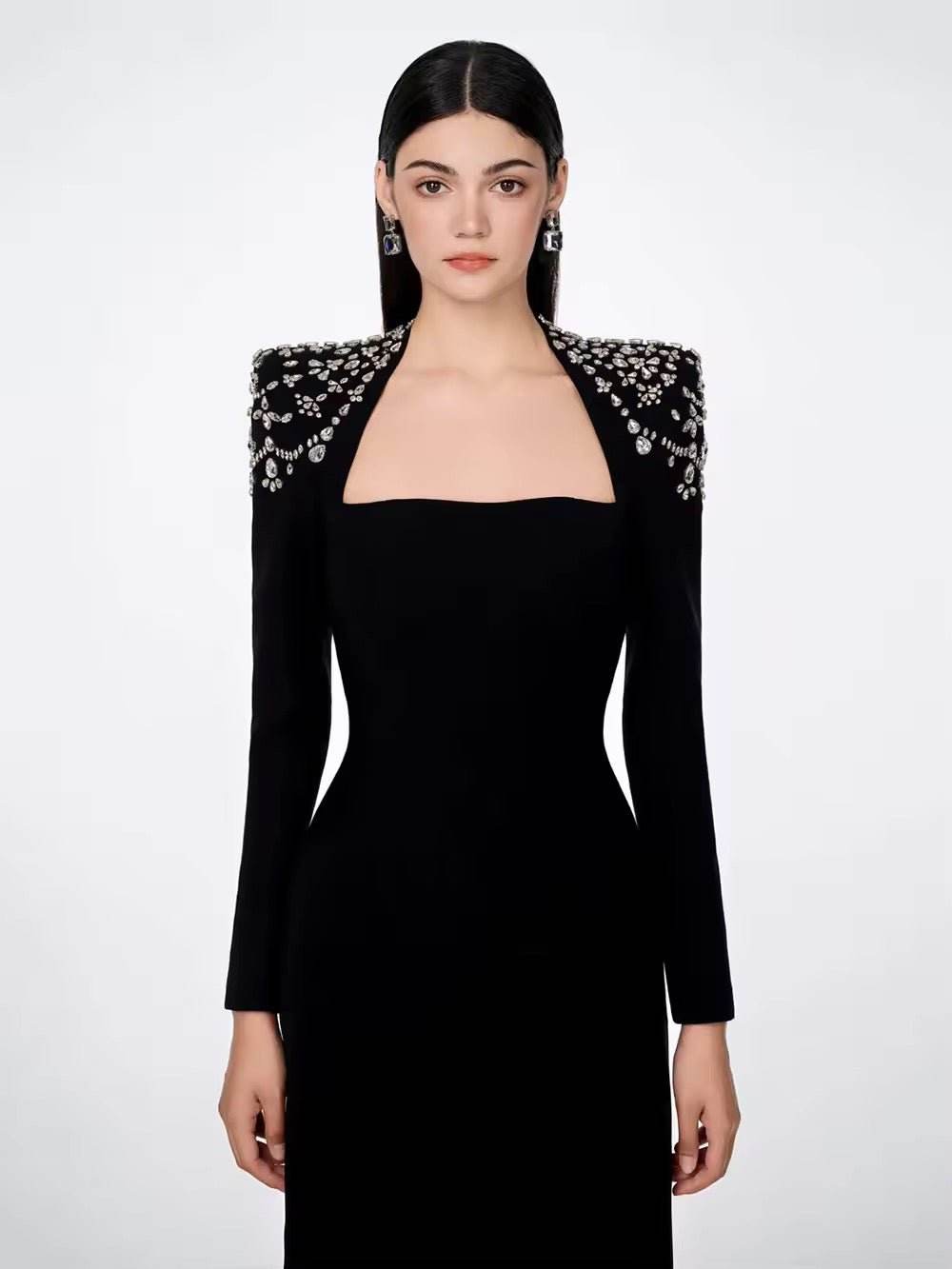 Diamond Tight Long Sleeve Triangle Neck Long Bandage Dress - REBECATHELABEL