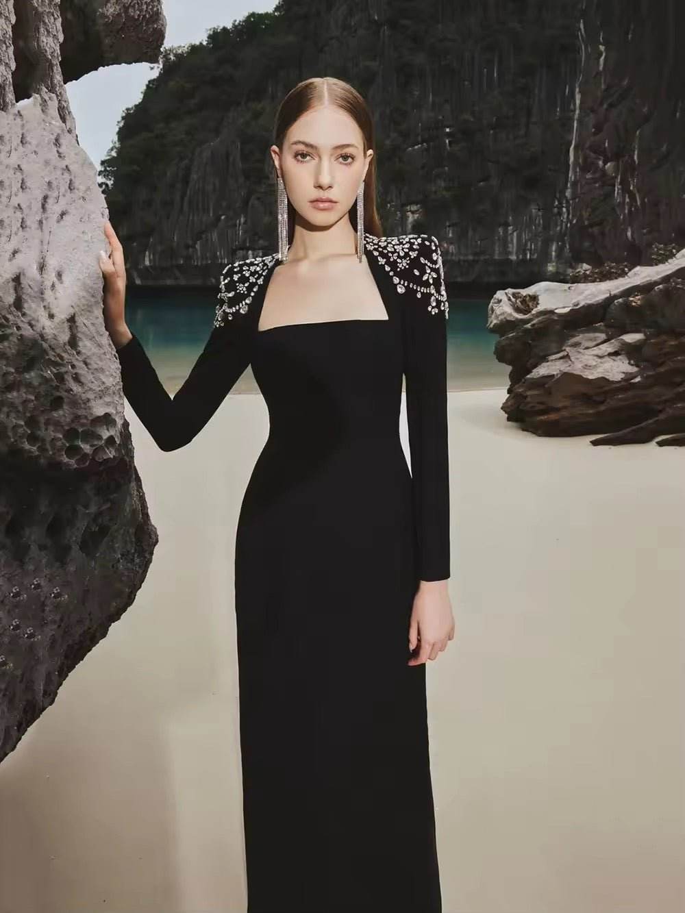 Diamond Tight Long Sleeve Triangle Neck Long Bandage Dress - REBECATHELABEL