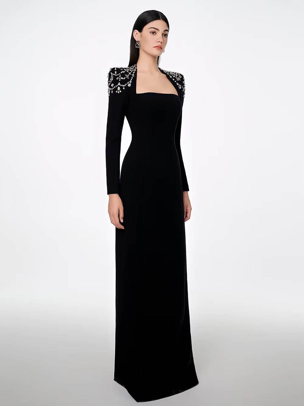 Diamond Tight Long Sleeve Triangle Neck Long Bandage Dress - REBECATHELABEL