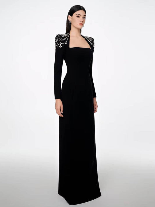 Diamond Tight Long Sleeve Triangle Neck Long Bandage Dress - REBECATHELABEL