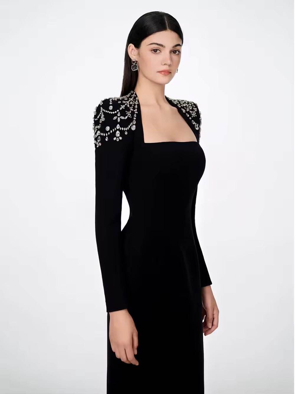 Diamond Tight Long Sleeve Triangle Neck Long Bandage Dress - REBECATHELABEL