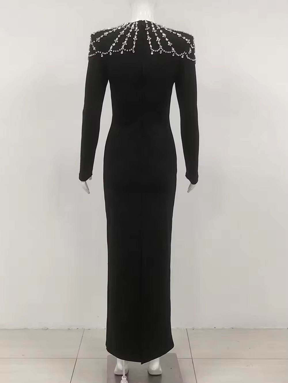 Diamond Tight Long Sleeve Triangle Neck Long Bandage Dress - REBECATHELABEL