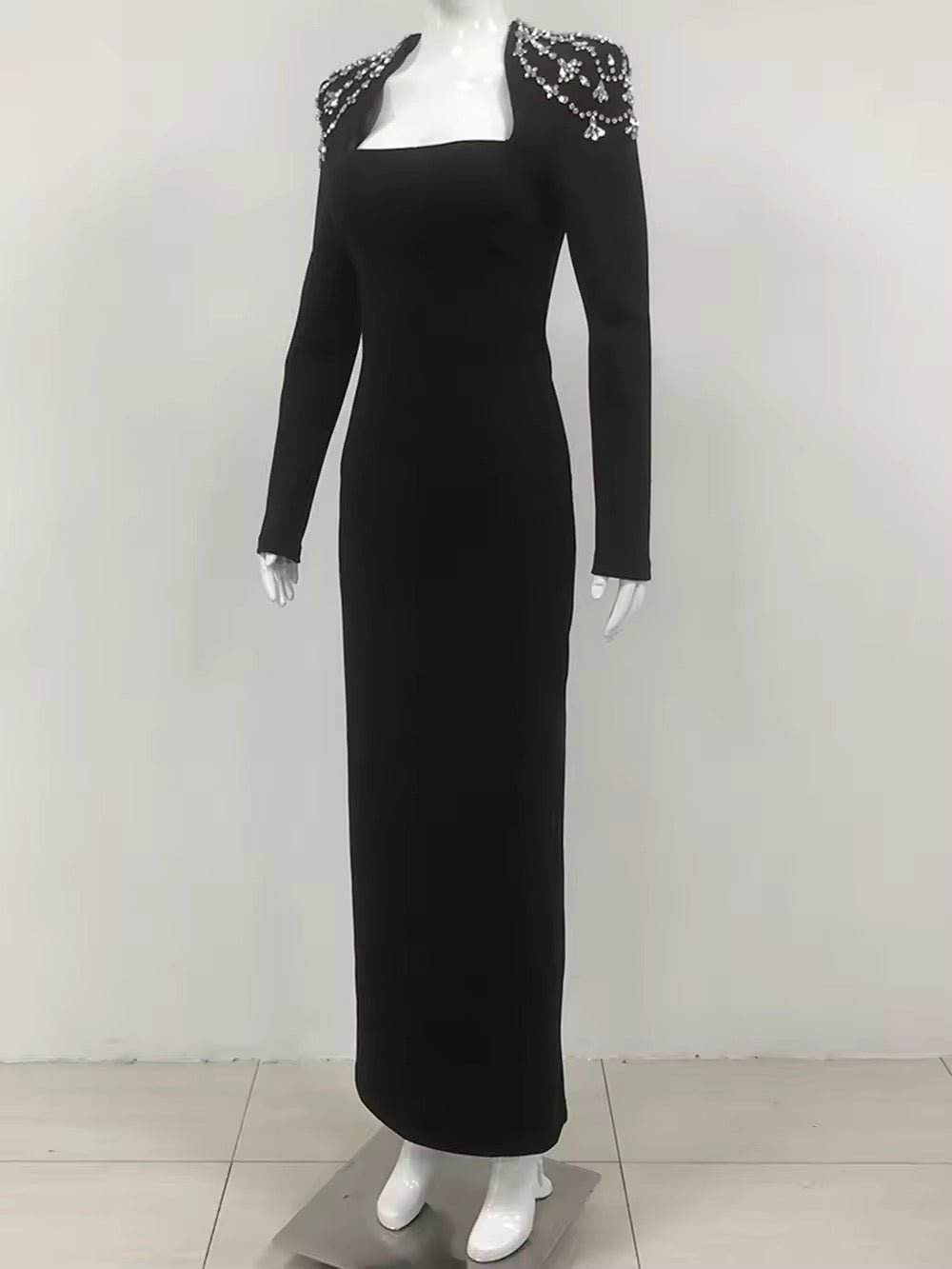 Diamond Tight Long Sleeve Triangle Neck Long Bandage Dress - REBECATHELABEL