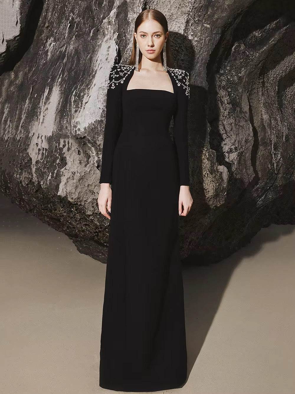 Diamond Tight Long Sleeve Triangle Neck Long Bandage Dress - REBECATHELABEL