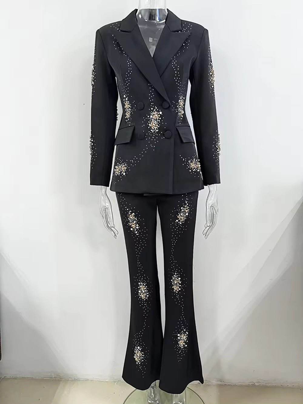 Diamonds Elegant Blazer Suit and Wide Leg Pants Two 2 Piece Sets - REBECATHELABEL