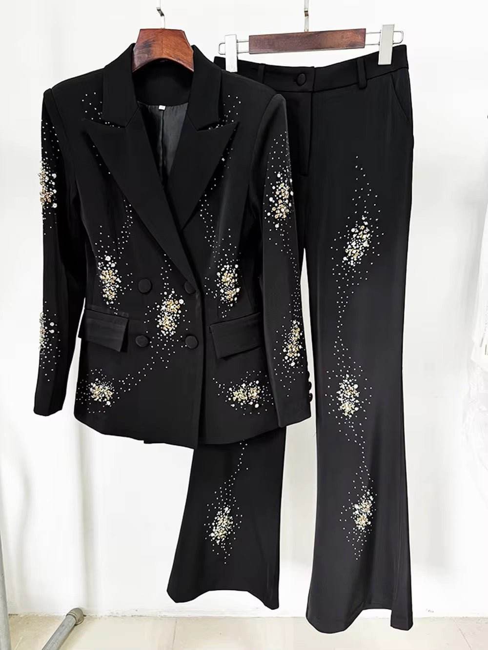 Diamonds Elegant Blazer Suit and Wide Leg Pants Two 2 Piece Sets - REBECATHELABEL