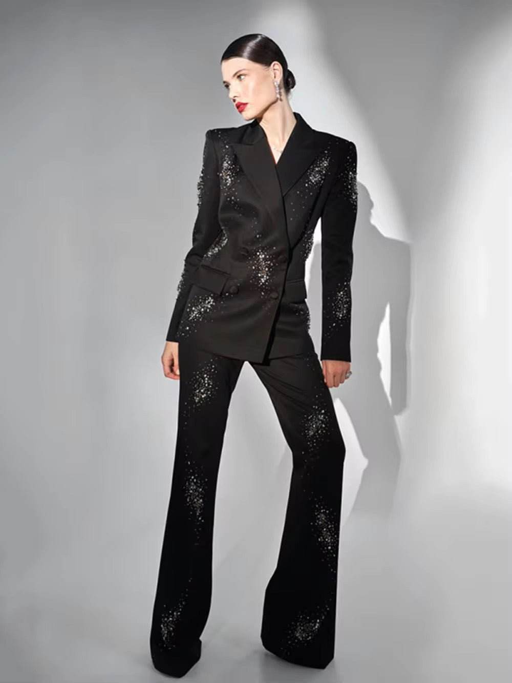 Diamonds Elegant Blazer Suit and Wide Leg Pants Two 2 Piece Sets - REBECATHELABEL