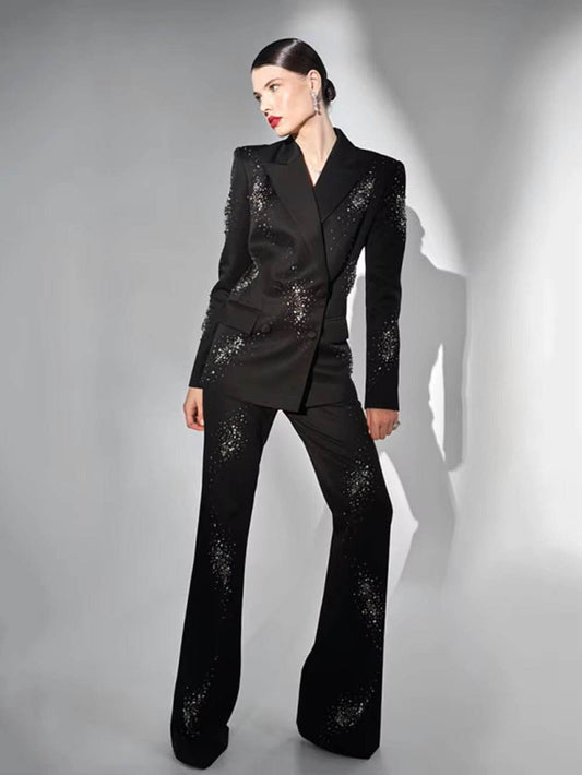 Diamonds Elegant Blazer Suit and Wide Leg Pants Two 2 Piece Sets - REBECATHELABEL