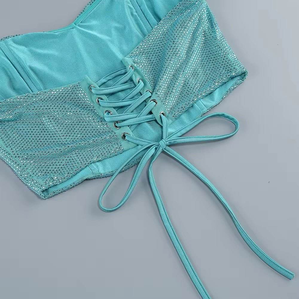 Diamonds Lace-up Tops 2 Pieces Bodycon Floor-length set - REBECATHELABEL