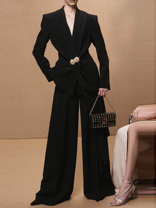 Draped V-Neck Suit +Wide Leg trousers set - REBECATHELABEL