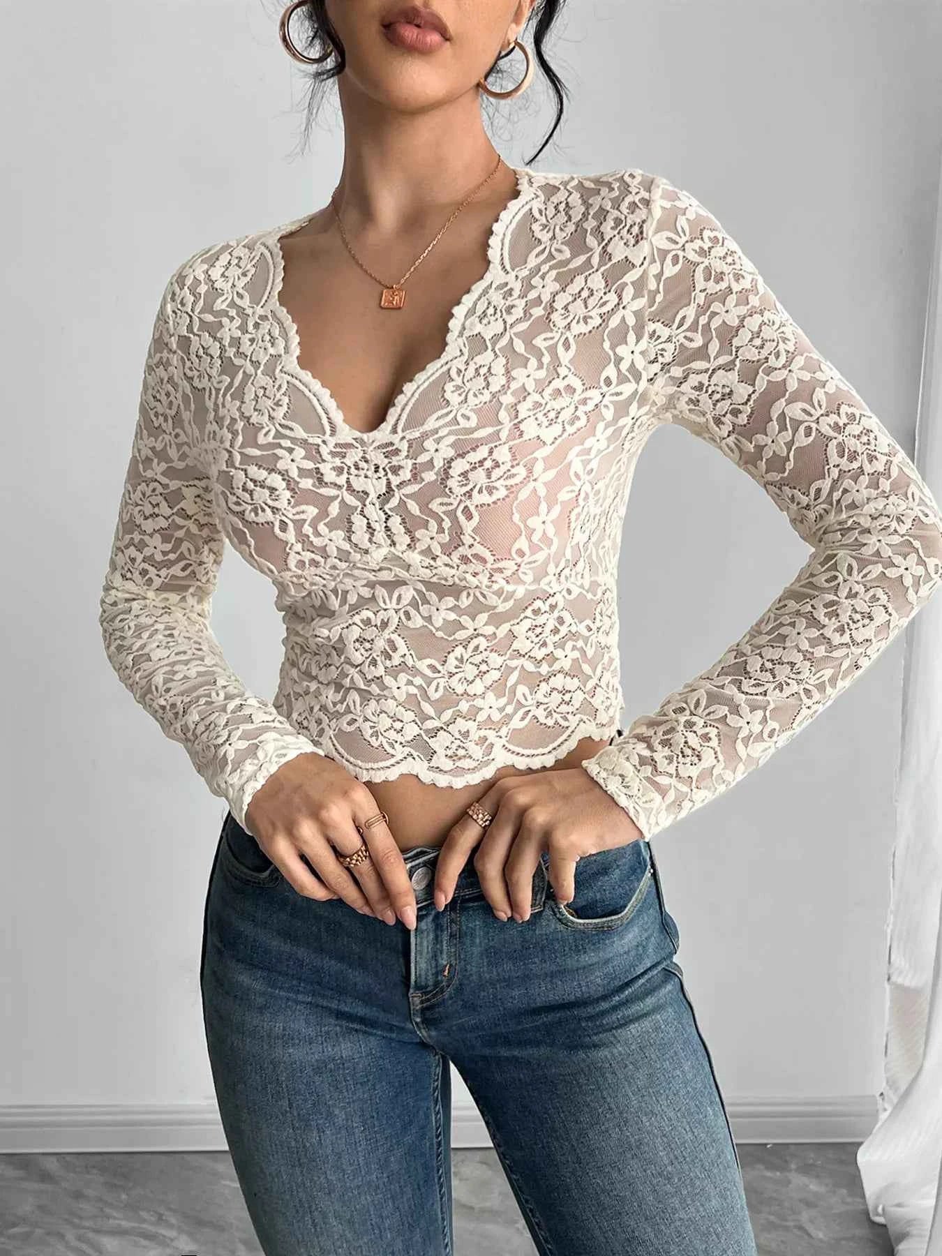 Elegant Lace V-Neck Long Sleeve Top