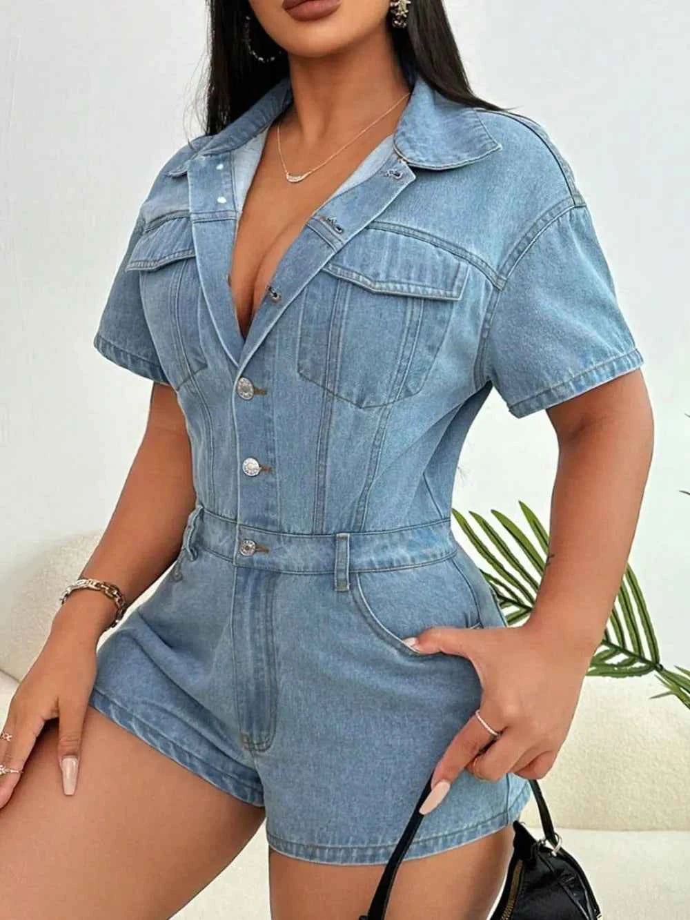 Collared Neck Short Sleeve Denim Romper