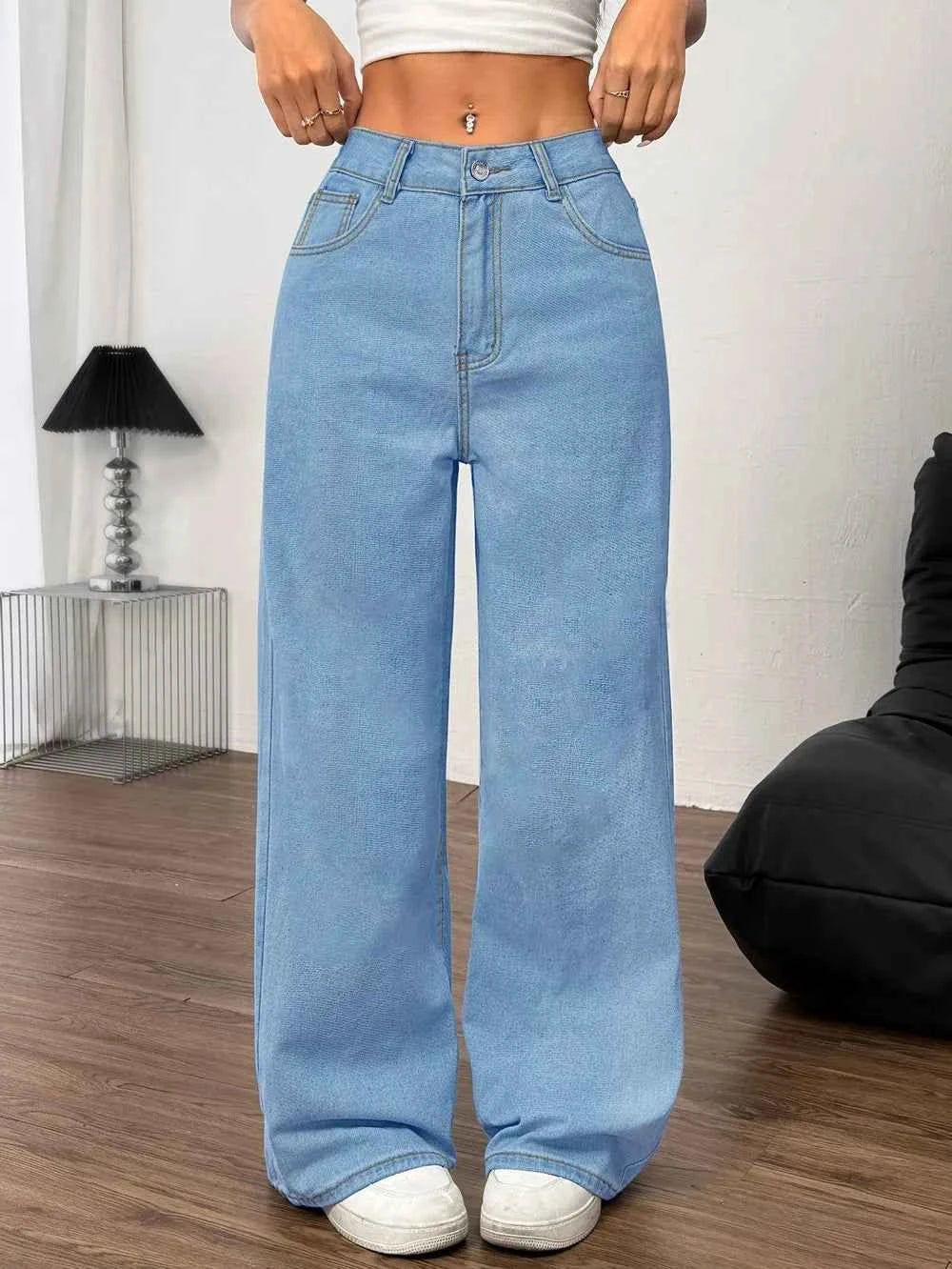 Embroidered Bow Back Wide Leg Jeans