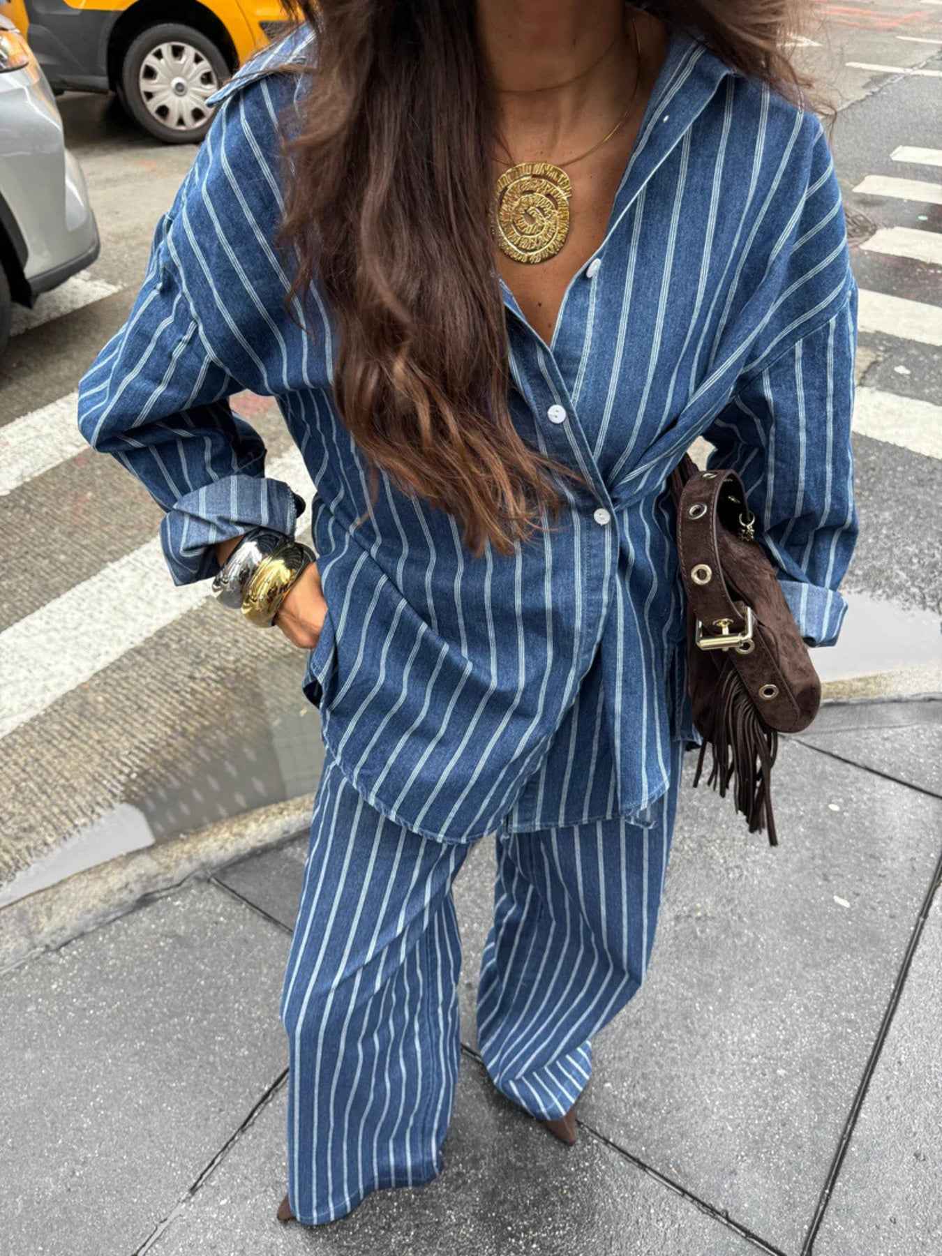 Striped Button Up Shirt and Pants Set