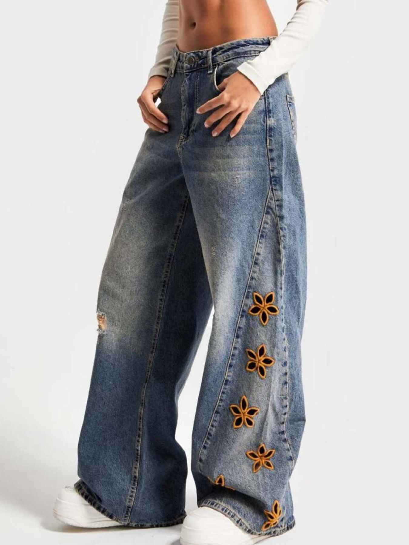 Floral Embroidered Wide Leg Jeans