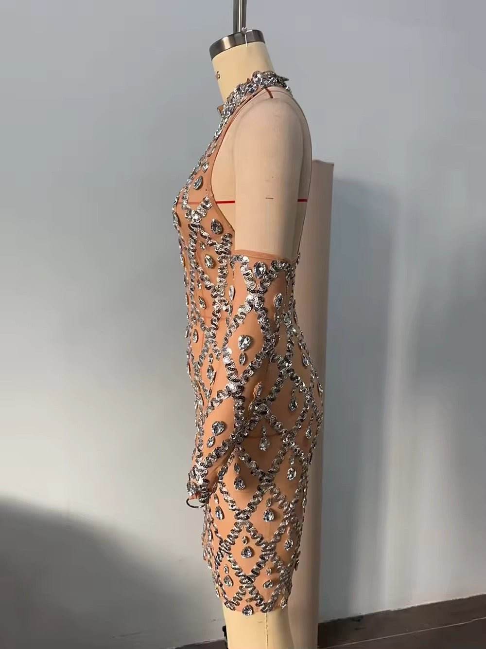 Elegant Bling Diamond Gloves Off Shoulder See dress - REBECATHELABEL