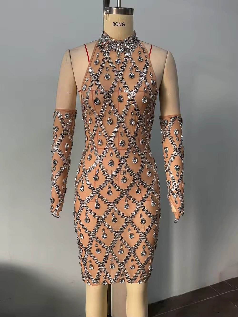 Elegant Bling Diamond Gloves Off Shoulder See dress - REBECATHELABEL