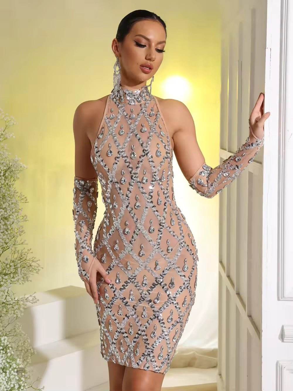 Elegant Bling Diamond Gloves Off Shoulder See dress - REBECATHELABEL