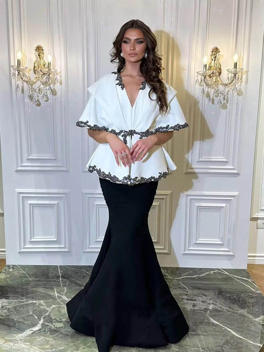 Elegant Rhinestone Appliques Half Sleeve Top&High Waist Mermaid Long Skirt Two Piece Set - REBECATHELABEL