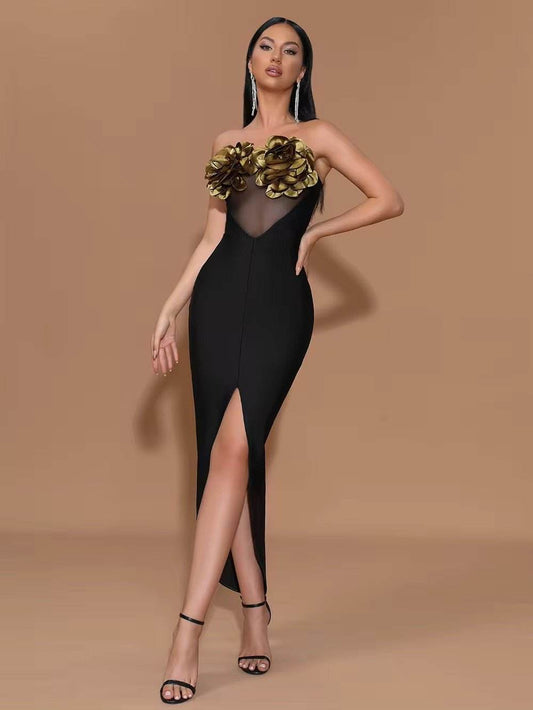 Elegant Strapless Flower Bandage Dress - REBECATHELABEL