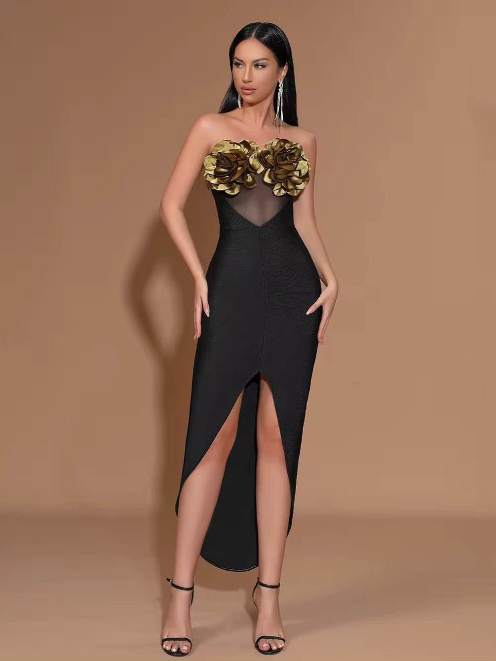 Elegant Strapless Flower Bandage Dress - REBECATHELABEL