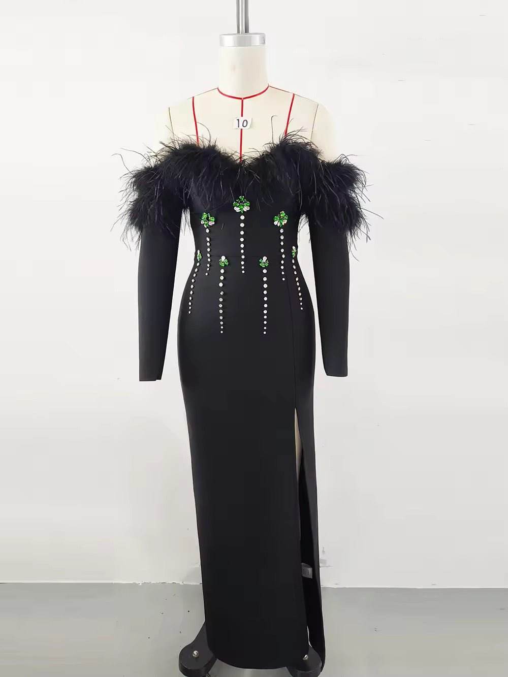 Evening Feather Crystal Bandage Maxi Dress - REBECATHELABEL