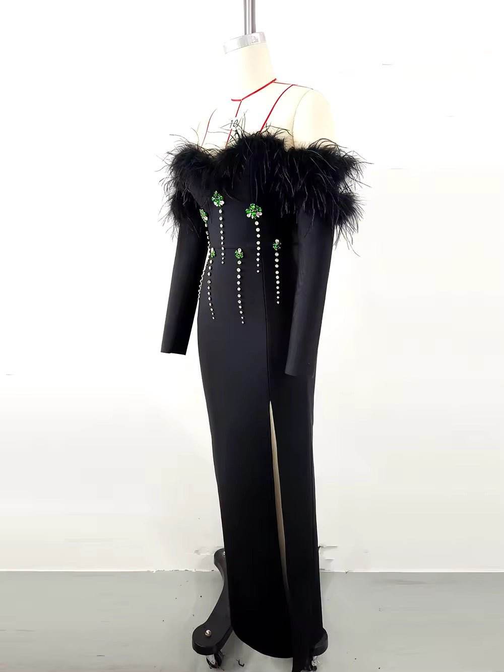 Evening Feather Crystal Bandage Maxi Dress - REBECATHELABEL