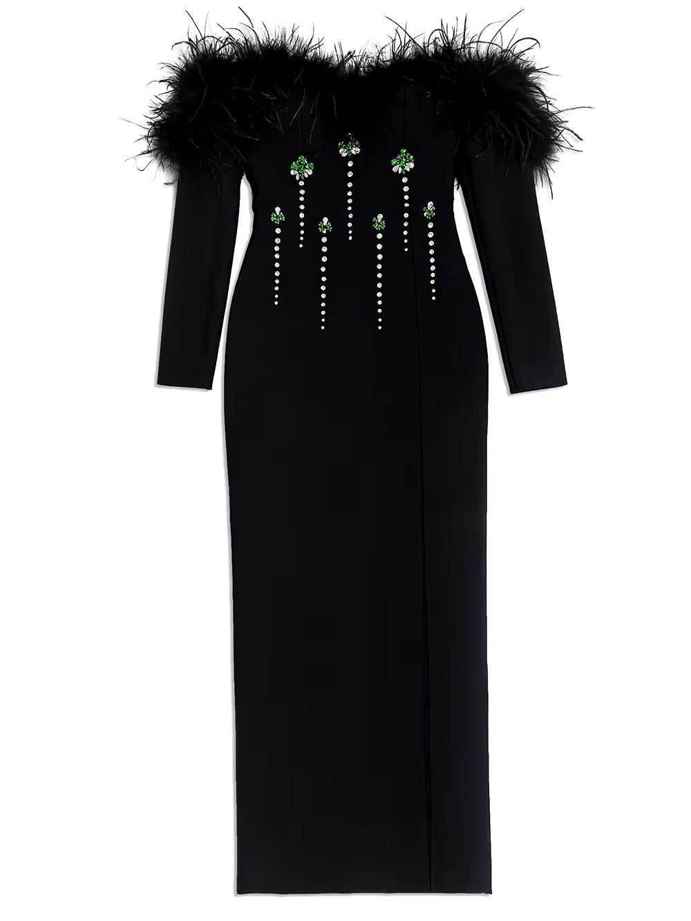 Evening Feather Crystal Bandage Maxi Dress - REBECATHELABEL