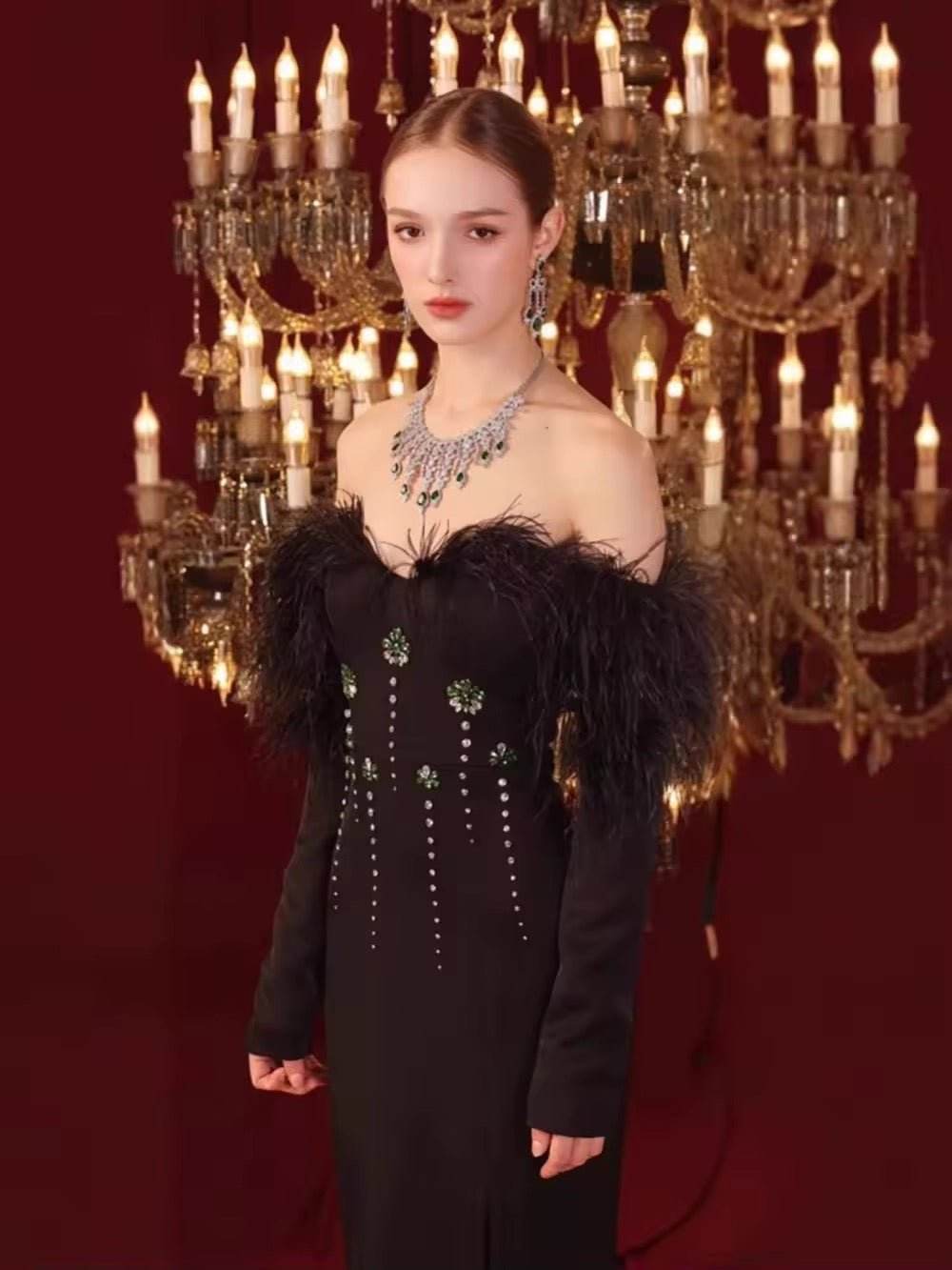 Evening Feather Crystal Bandage Maxi Dress - REBECATHELABEL