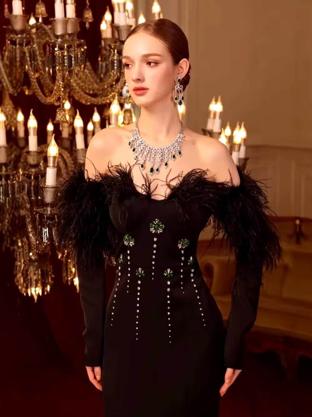 Evening Feather Crystal Bandage Maxi Dress - REBECATHELABEL