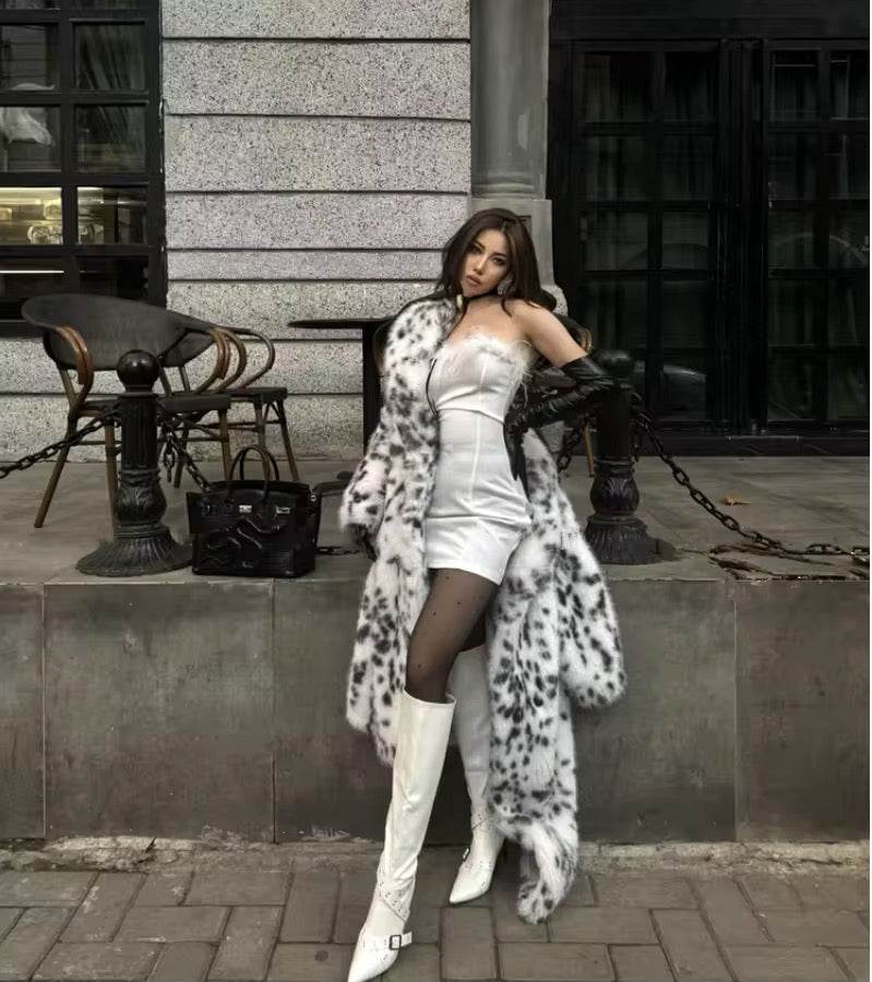 Faux Fur Coat Long Belted Leopard Print Fox Fur Outerwears - REBECATHELABEL
