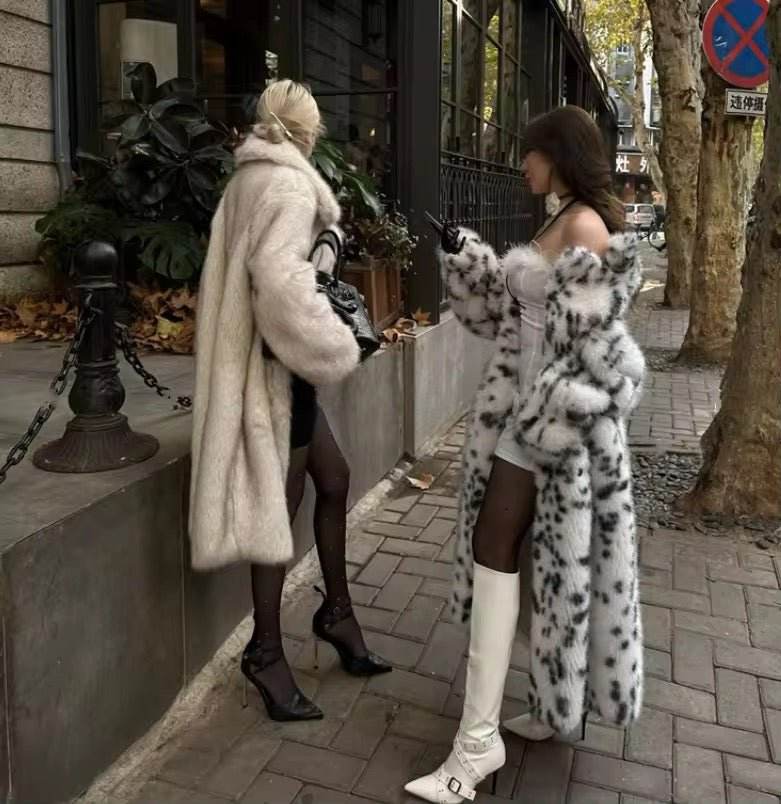 Faux Fur Coat Long Belted Leopard Print Fox Fur Outerwears - REBECATHELABEL
