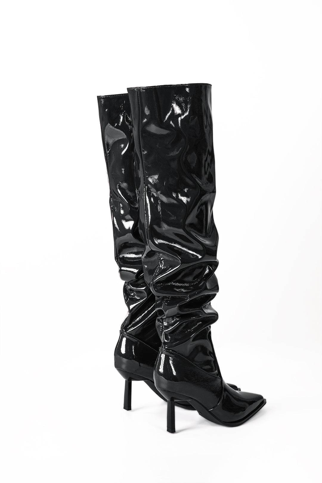 Faux Leather Ruched Pointed Toe Knee High Boots - REBECATHELABEL