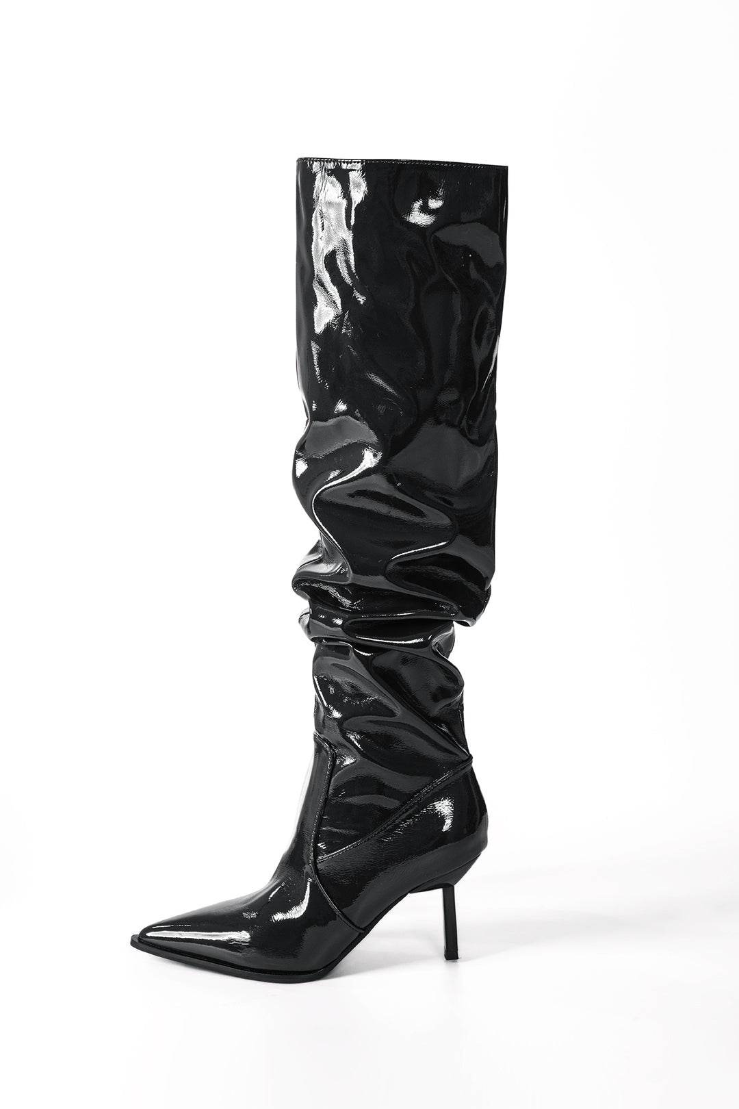 Faux Leather Ruched Pointed Toe Knee High Boots - REBECATHELABEL